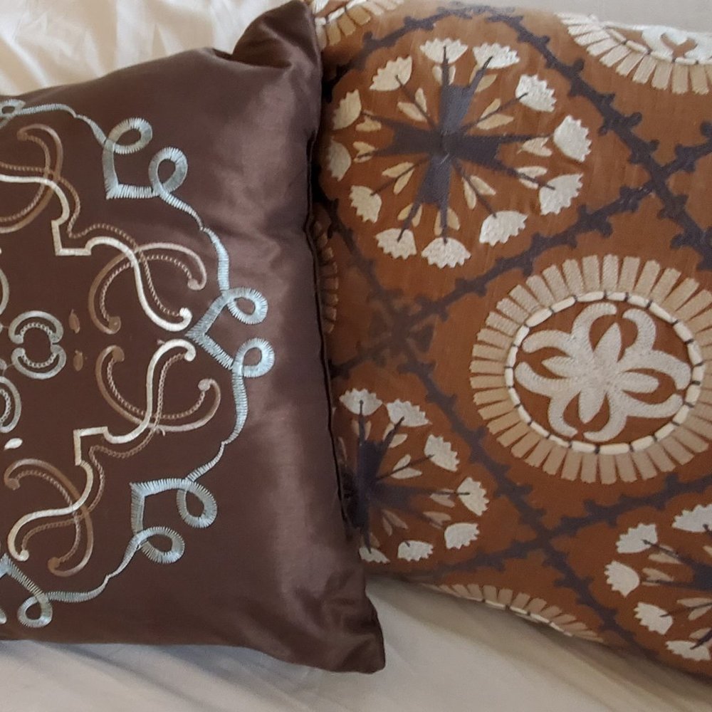 Two Tan Dark Brown with Blue Embroidery